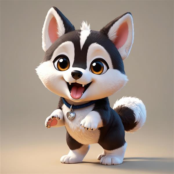 سگ هاسکی کارتونی کوچک در حالت بازیگوش با دم بالا و یقه آبی