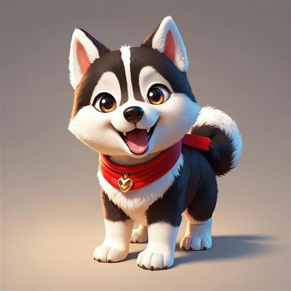 توله هاسکی کارتونی با باندانا/یقه قرمز و پلاک قلبی شکل