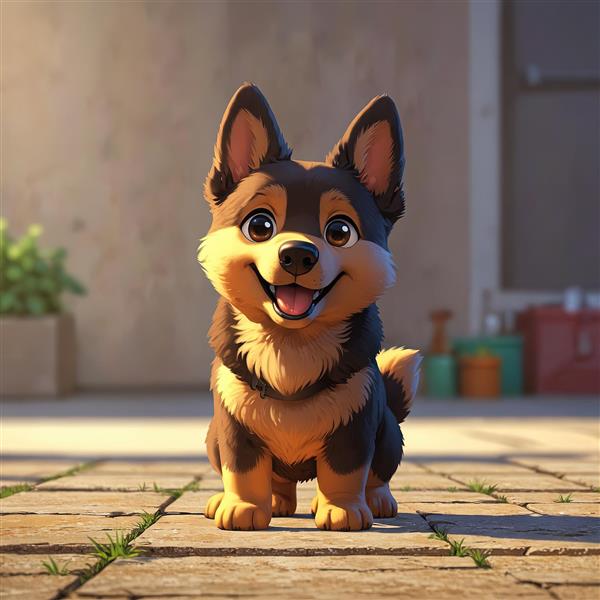 سگ کارتونی ژرمن در حیاط خانه با کفپوش آجری و نور خورشید