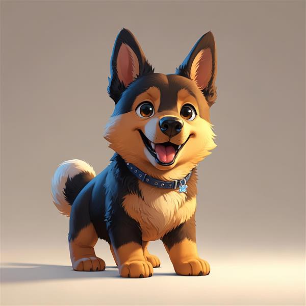 تصویر سگ کارتونی خندان با پلاک دایره‌ای روی یقه آبی (کیفیت چاپ بالا)