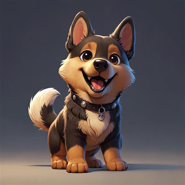 تصویر سگ بامزه کارتونی در حالت نشسته با پس‌زمینه تیره و یقه چرمی