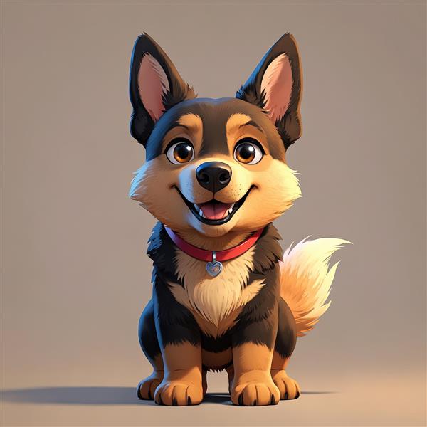 سگ ژرمن/کُرگی کارتونی نشسته با دم پف‌دار و یقه قرمز