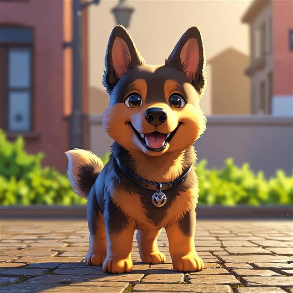 سگ کارتونی ایستاده در خیابان یا پارک با پس‌زمینه محو شهری