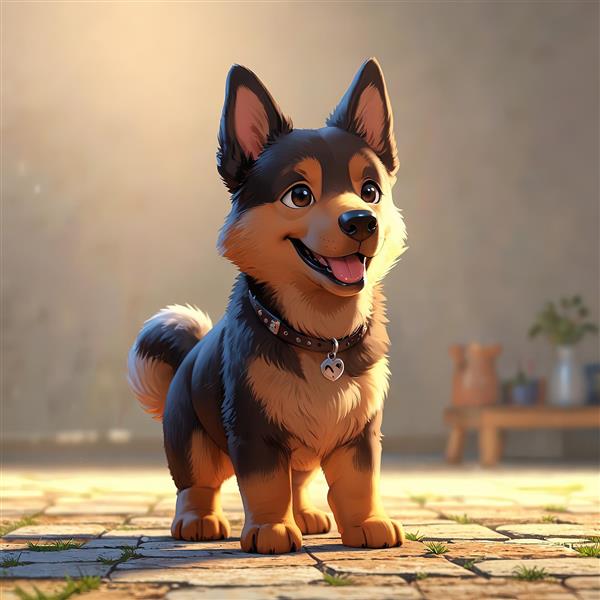 تصویر سگ ژرمن شپرد کارتونی در فضای باز با پاهای کوتاه و صورت خندان