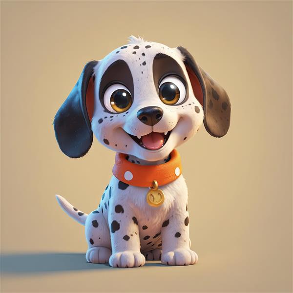 تصویر سگ دالماسین خندان با قلاده نارنجی و آویز طلایی گرد