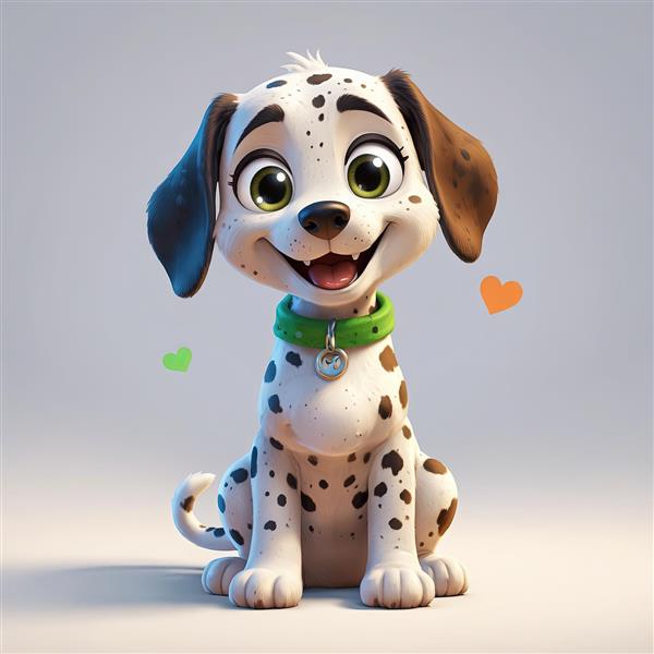 تصویر سگ دالماسین بامزه با قلاده سبز روشن و آویز نقره‌ای برای دکور