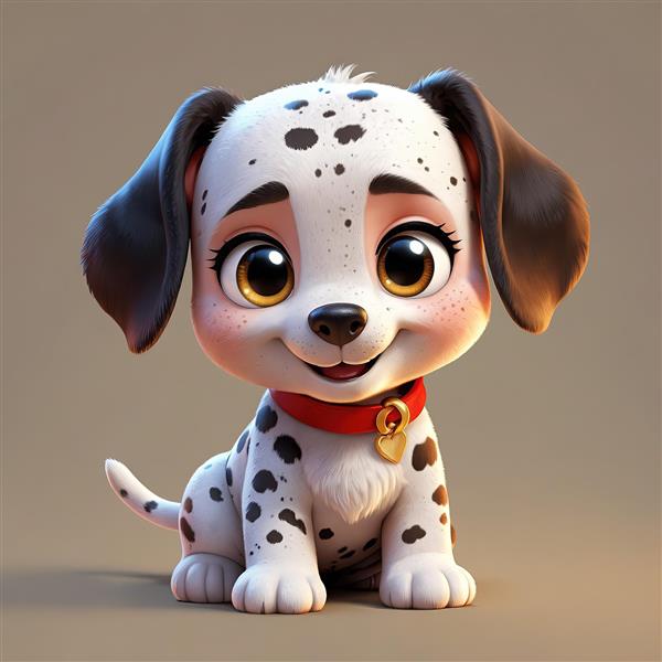 تصویر سگ دالماسین کارتونی با چشمان درشت و قلاده قرمز، در حال نگاه کردن