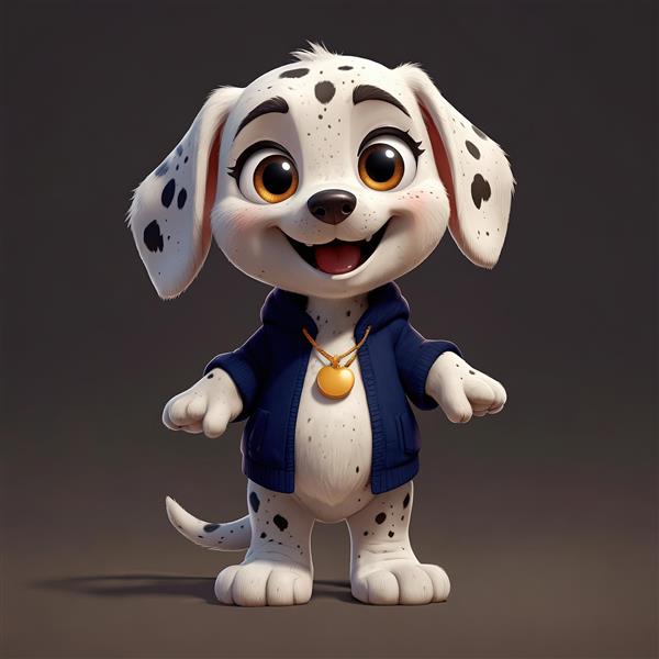 تصویر سه‌بعدی سگ دالماسین با هودی آبی تیره و گردنبند طلایی