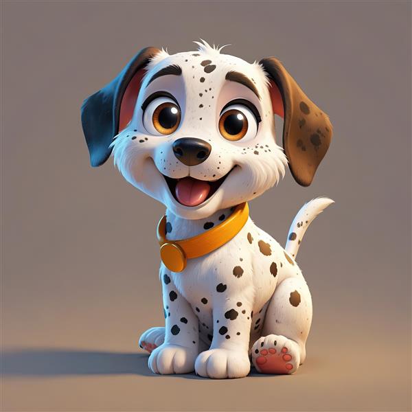 تصویر سگ دالماسین خندان با قلاده نارنجی و آویز گرد، مناسب فضای دکوراسیون