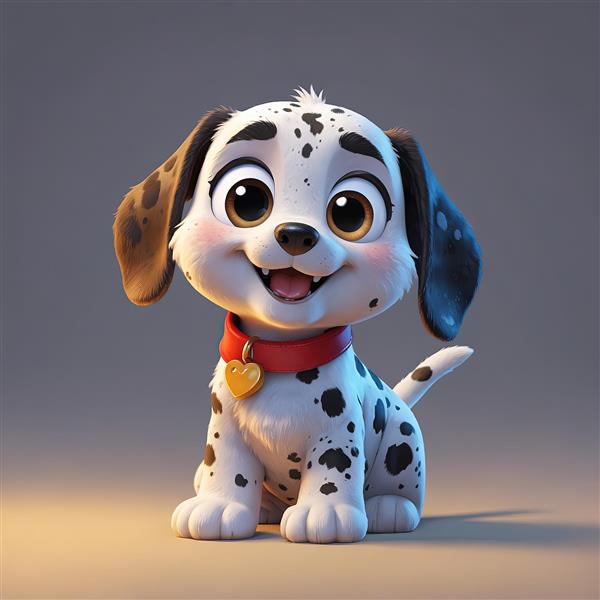 تصویر گرافیکی سگ دالماسین خندان با قلاده قرمز و آویز قلب طلایی