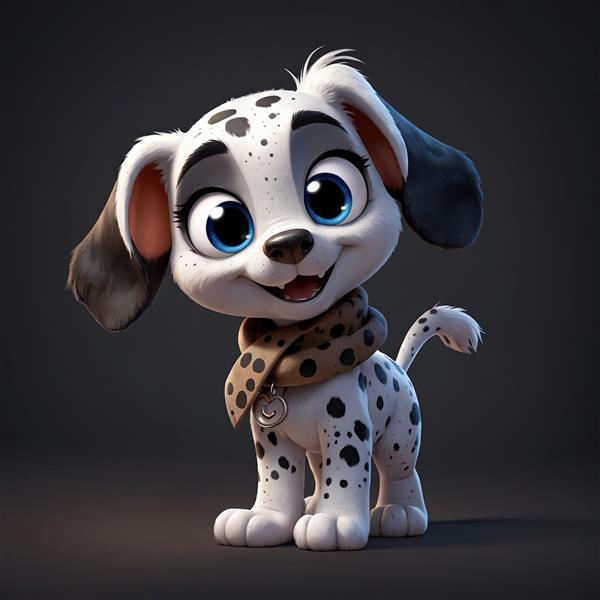 تصویر سگ دالماسین کارتونی با شال گردن پلنگی و چشمان آبی در پس زمینه تیره