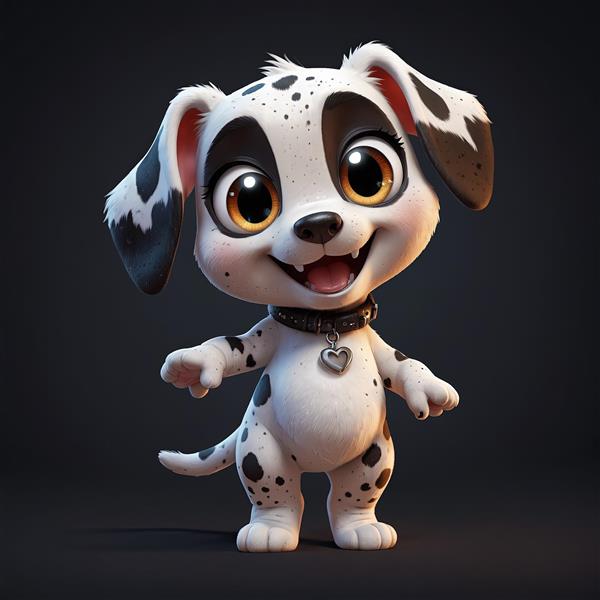 تصویر سه‌بعدی سگ دالماسین ایستاده با قلاده مشکی و آویز قلب نقره‌ای