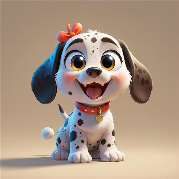 تصویر سگ نژاد دالماسین کارتونی بامزه با خال‌های سیاه و پاپیون نارنجی