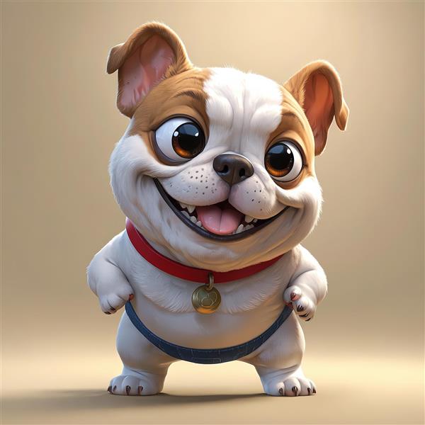 تصویر استیکر سگ بولداگ خندان با هارنس آبی و قلاده قرمز و آویز زنگوله