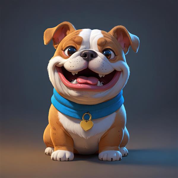 تصویر سه بعدی سگ بولداگ خندان با شال گردن آبی و آویز قلب طلایی