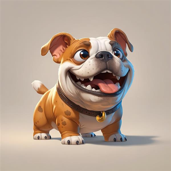 تصویر گرافیکی سگ بولداگ شاد و خندان با زبان بیرون و قلاده چرمی قهوه‌ای