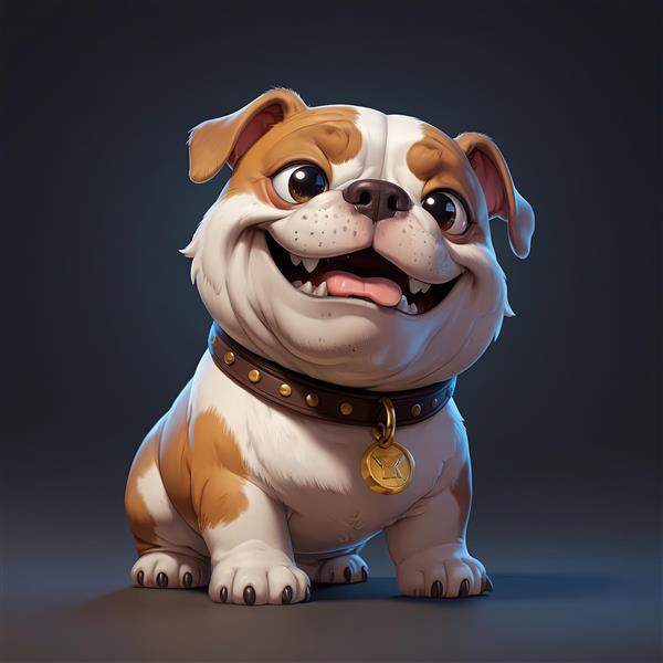 تصویر استوک سگ بولداگ خندان با قلاده چرمی و پوزخند شیطنت‌آمیز