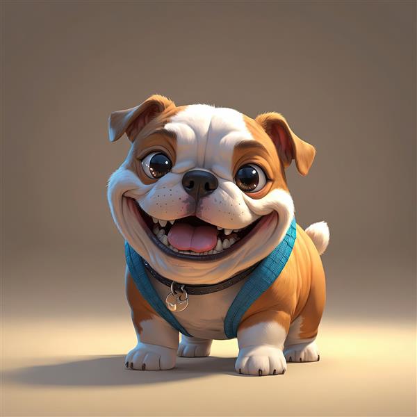 وکتور سگ بولداگ بامزه با هارنس آبی و دهان باز، مناسب تابلوی اتاق کودک