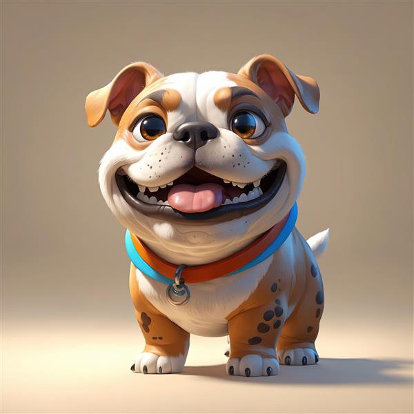 استیکر سگ نژاد بولداگ کارتونی خندان با قلاده آبی و نارنجی فانتزی