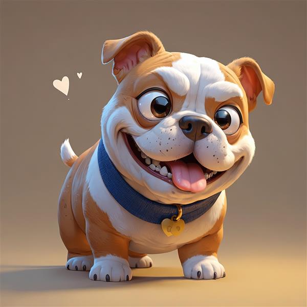 تصویر گرافیکی سگ بولداگ خجالتی با قلاده آبی و آویز قلب بامزه