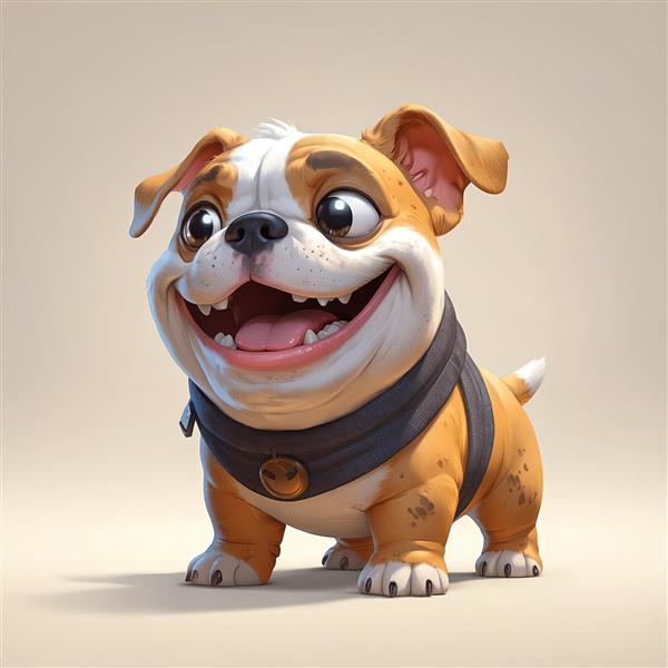 تصویر کارتونی سگ بولداگ شاد با بند قلاده مشکی و چشم‌های درشت
