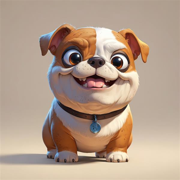 تصویر گرافیکی سگ بولداگ اخمالو و خندان با قلاده و پوزخند بامزه