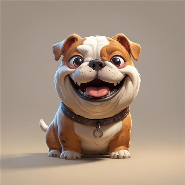 تصویر سگ نژاد بولداگ کارتونی خندان با قلاده چرمی قهوه‌ای