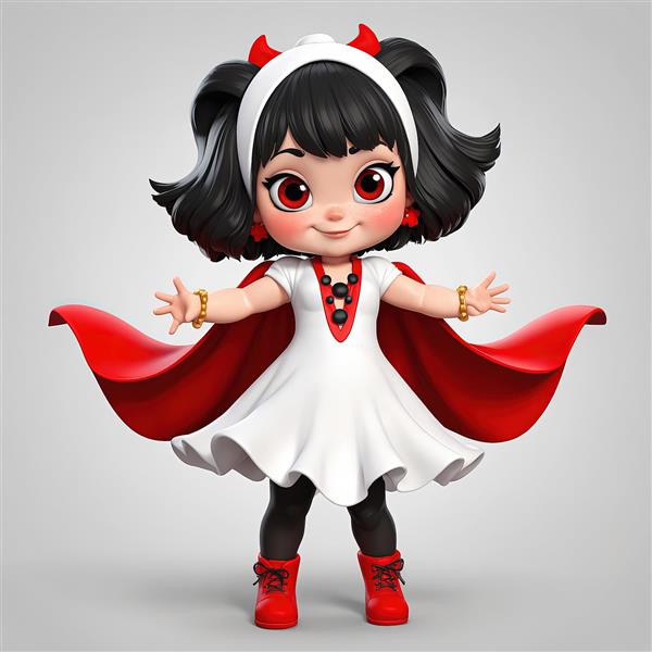 وکتور عروسک دختر خندان با شنل قرمز و لباس سفید و شاخک‌های شیطان کوچک
