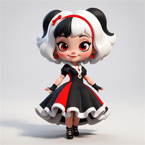 استیکر وکتور عروسک دختر بامزه با موهای دو رنگ و لباس مشکی قرمز