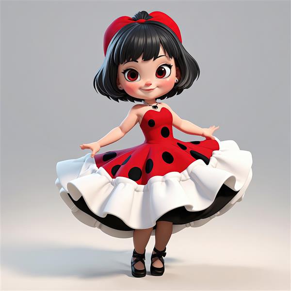 تصویر عروسک دختر کارتونی با لباس خال‌خالی قرمز و سفید فانتزی