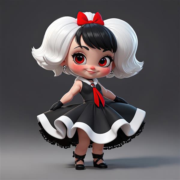 عروسک کارتونی دختر گوگولی با موهای سیاه و سفید و پاپیون قرمز