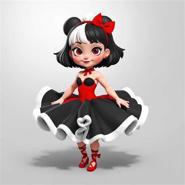 دانلود طرح دختر کارتونی بالرین با دامن توتو مشکی و قرمز و موی دو رنگ