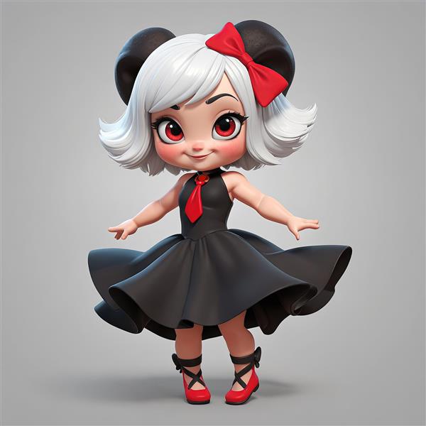 عکس سه‌بعدی دختر کارتونی با کراوات قرمز و لباس دامن پف‌دار مشکی