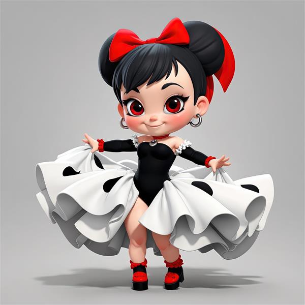 طرح دختر کارتونی با لباس باله سفید و مشکی و دامن خالدار پف‌دار