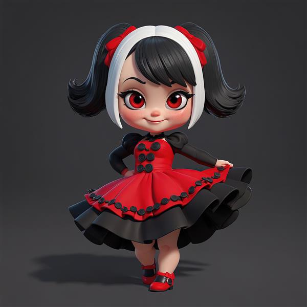 عکس سه بعدی دختر کارتونی با موی دم اسبی و لباس بالماسکه قرمز مشکی