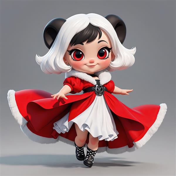 دانلود پوستر دختر با گوش پاندا و کت بلند قرمز خزدار روی دامن سفید