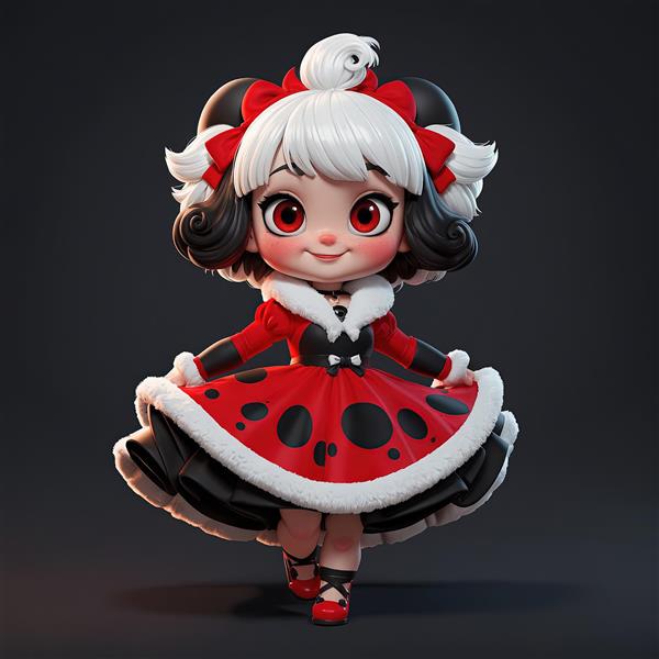 دانلود عکس دختر کارتونی با لباس خالدار کفشدوزکی و موهای مشکی و سفید