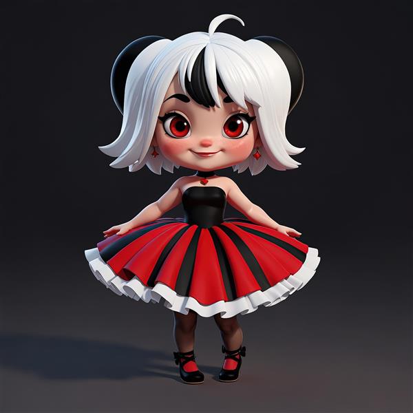 طرح سه‌بعدی دختر کارتونی با دامن پف‌دار راه راه قرمز و مشکی برای پوستر