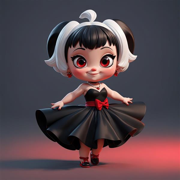 دانلود عکس دختر کارتونی با لباس مشکی دامن پف‌دار و گوشواره قرمز