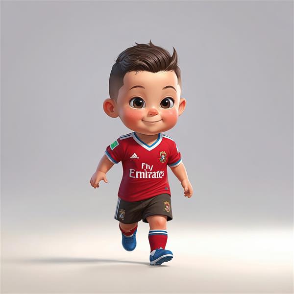 تصویر کودک فوتبالیست با پیراهن قرمز و شورت مشکی در حال دویدن شاد