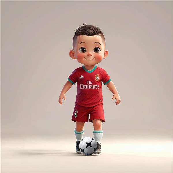 دانلود عکس کودک فوتبالیست با لباس عنابی و توپ برای چاپ تابلوی کودک