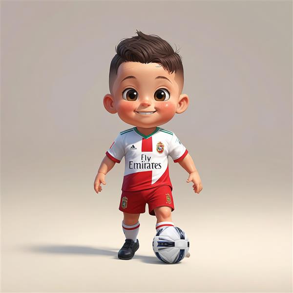 طرح سه بعدی بازیکن کوچک با لباس قرمز و سفید و توپ فوتبال
