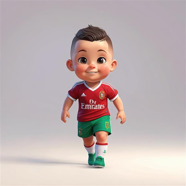 تصویر اورجینال پسرک فوتبالیست با لباس قرمز و سبز در حال حرکت
