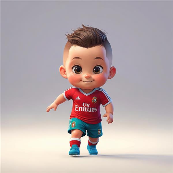 عکس باکیفیت کودک فوتبالیست با پیراهن قرمز و شورت آبی در حال دویدن