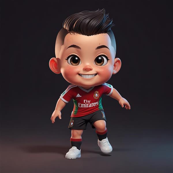 تصویر پسر بچه کارتونی با لباس قرمز و مشکی تیم ملی، پس‌زمینه تیره
