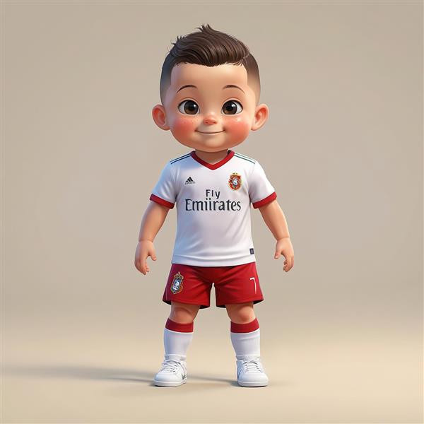 طرح سه بعدی پسرک فوتبالیست با پیراهن سفید و شورت قرمز، ایستاده
