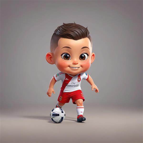 دانلود پوستر پسر فوتبالیست کارتونی با لباس سفید و قرمز در حال دریبل