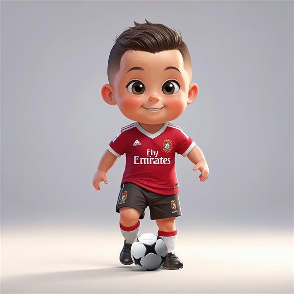 طرح باکیفیت کودک فوتبالیست با لباس عنابی و شورت مشکی در حال دریبل