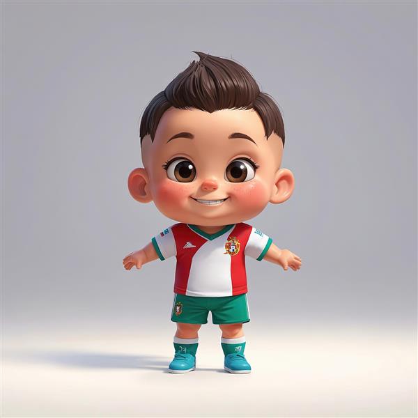 دانلود عکس سه‌بعدی کودک فوتبالیست کارتونی با پیراهن قرمز و سبز