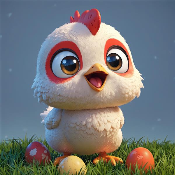 عکس جوجه کارتونی سفید با لبخند و توپ‌های رنگی روی زمین چمن